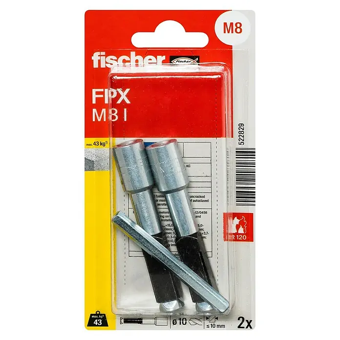 Fischer Porenbetonanker FPX - M 8, Länge Dübel: 75 mm, 2 Stk., Galvanisch verzinkt - Fischer FIPX M8 Metalldübel im Blisterpack. Ideal für sichere Befestigungen in verschiedenen Baumaterialien, inklusive Montageschlüssel.