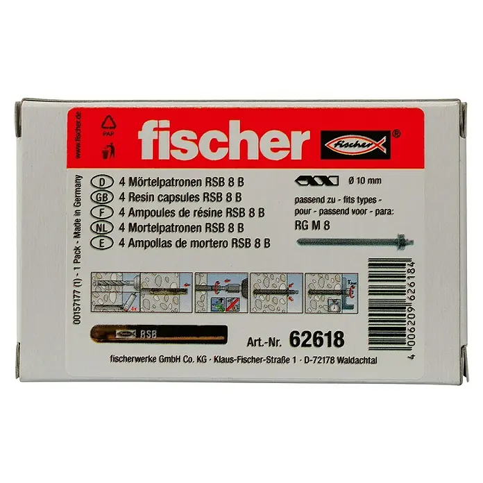 Fischer Mörtelpatrone RM8 - Durchmesser: 10 mm, 4 Stk. - Verpackung der Fischer RSB 8 B Mörtelpatronen, inklusive Anweisungen und Artikelnummer.