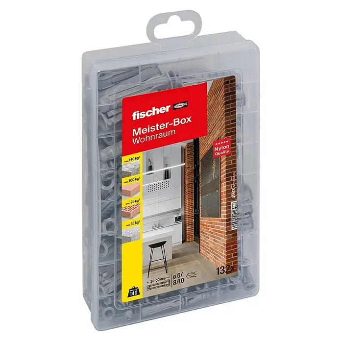 Fischer Meister-Box Spreizdübel-Set SX - Nylon, Ohne Schrauben/Haken, 132 -tlg. - Eine transparente Box mit Fischer Meister-Box Wohnraum Dübeln, die für verschiedene Materialien wie Beton und Ziegel geeignet sind.