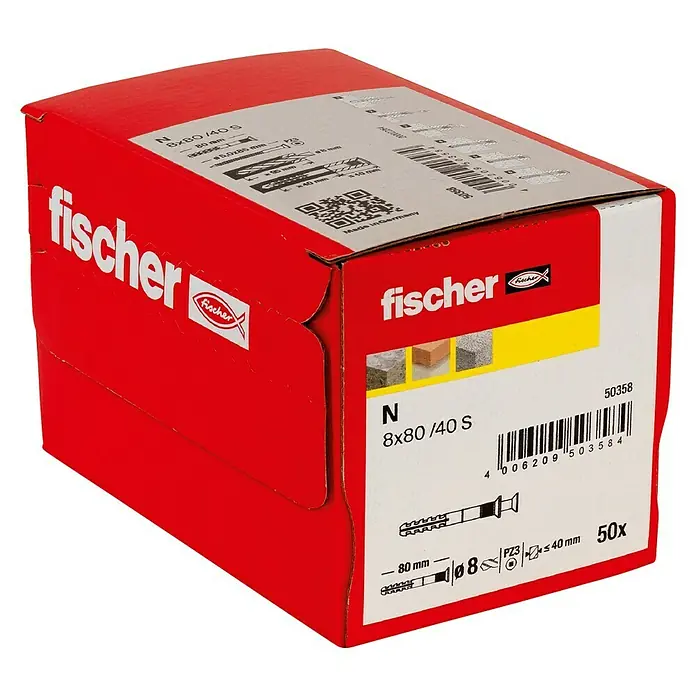 Fischer Nageldübel - Durchmesser Dübel: 8 mm, Länge Dübel: 80 mm, 50 Stk. - Eine rote Box mit Fischer-Dübeln N 8x80/40 S. Die Box enthält 50 Dübel und zeigt Anweisungen zur Verwendung.
