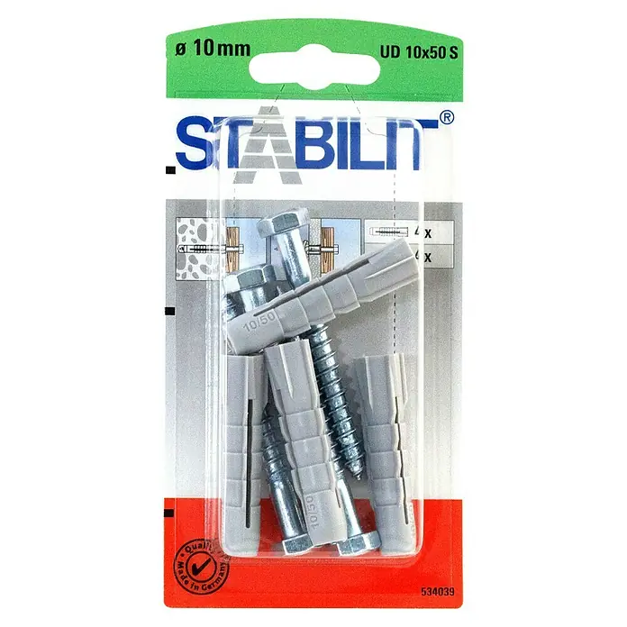 Stabilit Universal-Durchsteckdübel-Set - Durchmesser Dübel: 10 mm, Länge Dübel: 50 mm, 4 Stk., Mit Schrauben - Packung mit Stabilit UD 10x50 S Dübeln, inklusive Schrauben, für Befestigungen in verschiedenen Materialien, Durchmesser 10 mm.