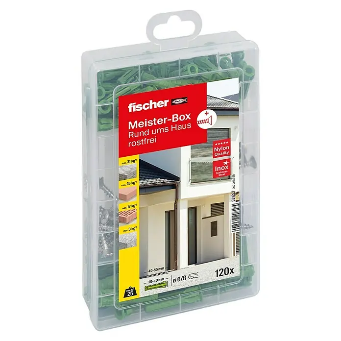 Fischer Greenline Dübel- & Schraubenbox Meister-Box SX Green - 120 -tlg., Mit Schrauben, Material Dübel: Nylon, Material Schraube: Edelstahl - Bild einer Fischer Meister-Box Rund ums Haus mit Dübeln und Schrauben, ideal für Heimwerkerprojekte.