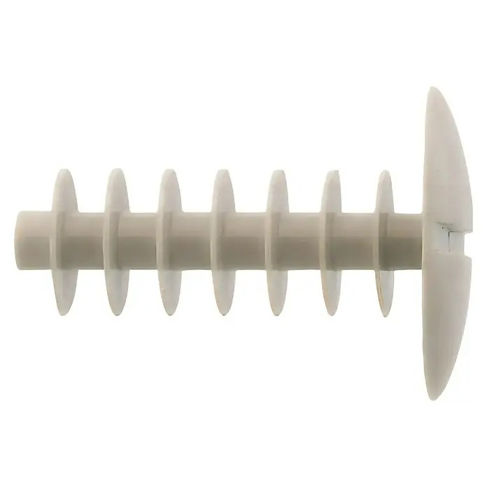 Fischer Abdeckkappe 7 AD G - Durchmesser: 12 mm, 100 Stk. - Nahaufnahme einer weißen Kunststoff-Wandbefestigung mit einem breiten Kopf und gerilltem Schaft, ideal für leichte Anwendungen.