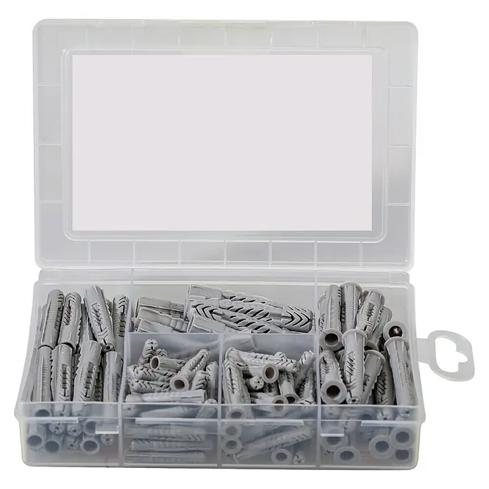 Fischer Meister-Box Universaldübel-Set UX/UX R - 110 -tlg., Ohne Schrauben/Haken, Nylon - Eine transparente Box mit einer Vielzahl von grauen Dübeln in verschiedenen Fächern, ideal für Heimwerkerprojekte.