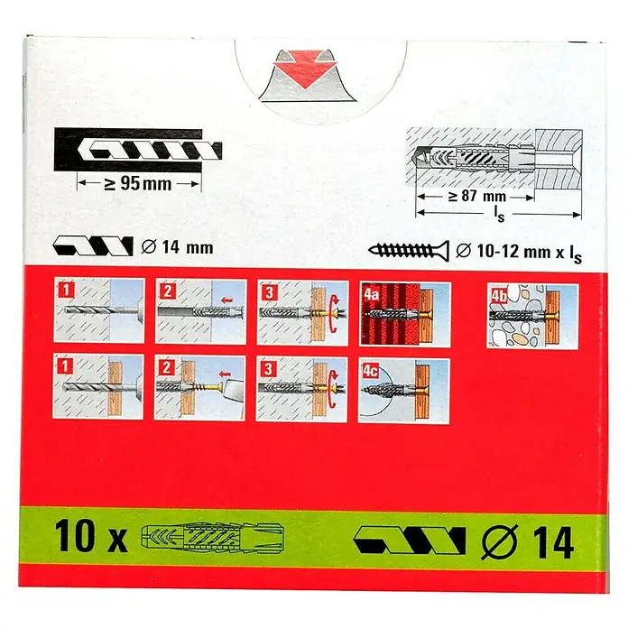 Fischer Universal-Durchsteckdübel UX - Durchmesser Dübel: 14 mm, Länge Dübel: 75 mm, Ohne Rand, 10 Stk. - Eine Nahaufnahme der Verpackung von Dübeln, die Anweisungen zur korrekten Verwendung des Produkts zeigt.