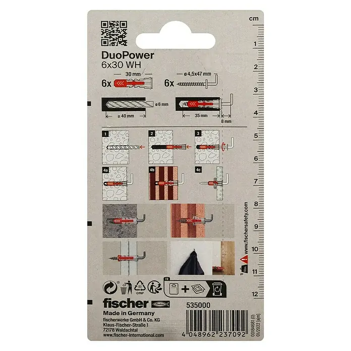 Fischer Duopower Universaldübel WH - Ø x L: 6 x 30 mm, Nylon, 6 Stk. - Anleitung für Fischer DuoPower 6x30 WH Dübel, die für sichere Befestigungen in verschiedenen Materialien sorgen.