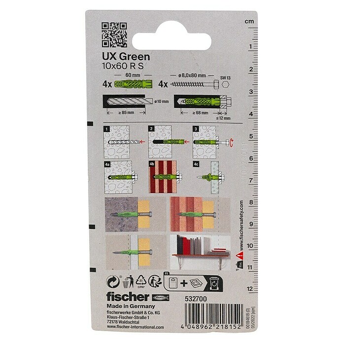 Fischer Universaldübel UX 10x60 Mm - Dübel Mit Rand Und Schrauben Für Alle Baustoffe