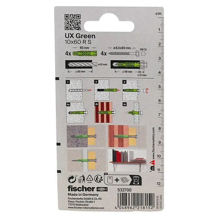 Fischer Greenline Universaldübel UX Green R S - Ø x L: 10 x 60 mm, 4 Stk., Nylon - Abbildung der UX Green 10x60 RS Universaldübelverpackung mit Größenangaben, Montageanleitung und Herstellerinformationen.