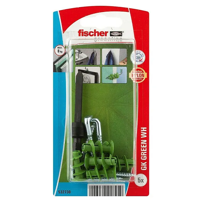 Fischer Greenline Gipskartondübel GK WH - Länge Dübel: 22 mm, Belastbarkeit: 8 kg, 5 Stk., Nylon - Eine Packung Fischer GK Green WH Dübel mit Schrauben und einem Montagewerkzeug. Die Dübel sind grün und für Trockenbauwände geeignet.