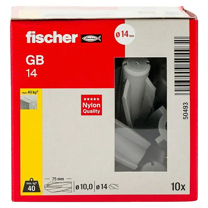 Fischer Gasbetondübel GB 14 - Durchmesser Dübel: 14 mm, Länge Dübel: 75 mm, 10 Stk. - Abbildung einer Fischer GB 14 Nylondübel-Packung, die 10 Dübel für verschiedene Wandstärken enthält. Ideal zum Befestigen von leichten Objekten.