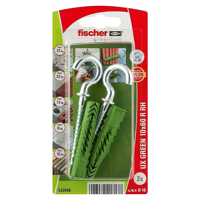 Fischer Greenline Universal-Dübel UX GREEN R RH - Ø x L: 10 x 60 mm, 2 Stk., Nylon - Ein Set von zwei Fischer UX GREEN 10x60 R RH Universaldübeln mit Haken, ideal für verschiedene Befestigungen im Innen- und Außenbereich.