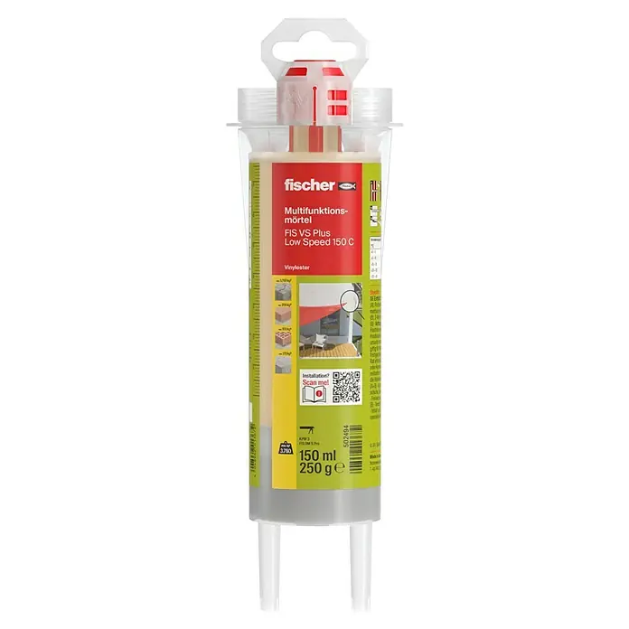 Fischer Verbundmörtel FIS VS 150 CK - 145 ml, Hellgrau - Bild einer Kartusche des fischer Multifunktionsmörtels FIS VS Plus Low Speed 150 C mit roter und gelber Verpackung für vielseitige Anwendungen.