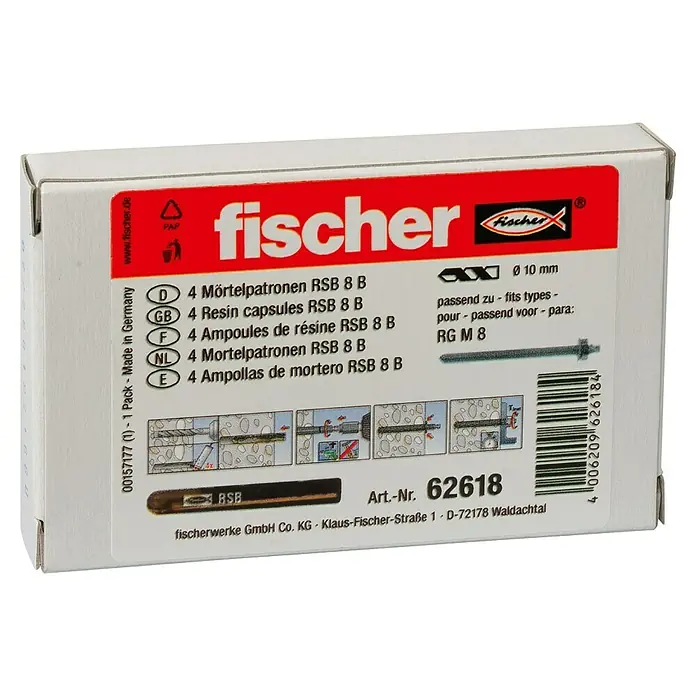 Fischer Mörtelpatrone RM8 - Durchmesser: 10 mm, 4 Stk. - Eine Packung Fischer RSB 8 B Mörtelpatronen, inklusive passendem Zubehör und Montageanleitung, für sichere und zuverlässige Befestigungen.