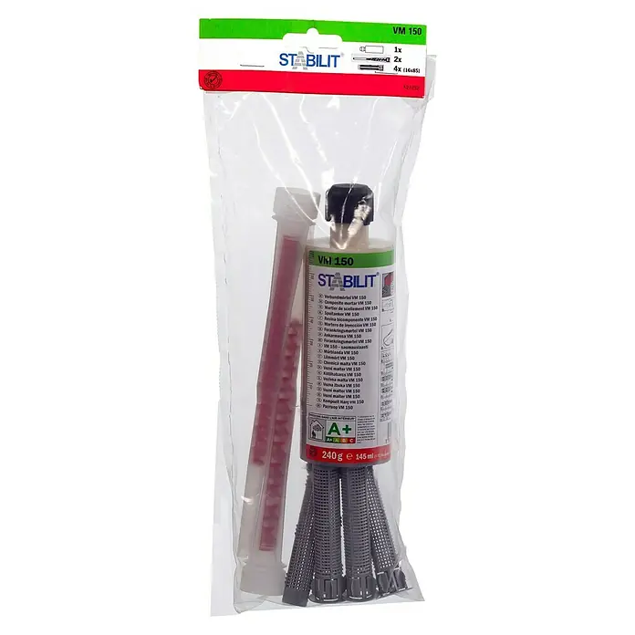 Stabilit Montagemörtel-Set VM 150 - 150 ml, Hellgrau - Verpackung des StabilIt VM 150 Verbundmörtel-Sets, inklusive Mörtelkartusche, Mischrohr und vier Ankerhülsen.