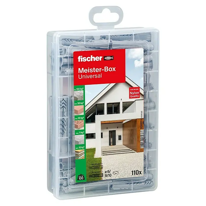 Fischer Meister-Box Universaldübel-Set UX/UX R - 110 -tlg., Ohne Schrauben/Haken, Nylon - Fischer Meister-Box Universal mit 110 Nylondübeln in verschiedenen Größen, ideal für Befestigungen in diversen Materialien bis 100 kg.