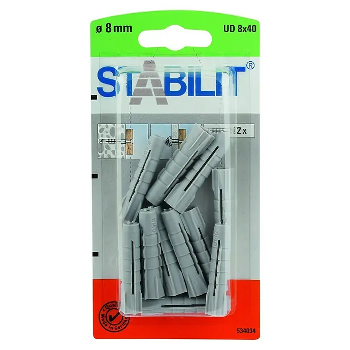 Stabilit Universal-Durchsteckdübel - Durchmesser Dübel: 8 mm, Länge Dübel: 40 mm, 12 Stk. - Bild einer Packung STABILIT UD 8x40 Dübel, 8 mm Durchmesser, für sichere Befestigungen im Bau- und Heimwerkerbereich.
