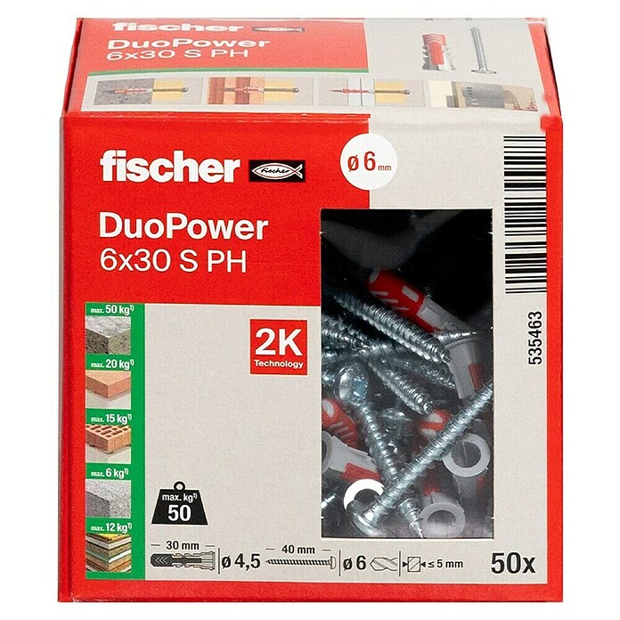 Fischer Dübel- & Schraubenbox Duopower (Durchmesser Dübel: 6 mm, Länge Dübel: 30 mm, 50 Stk., Panheadschraube)