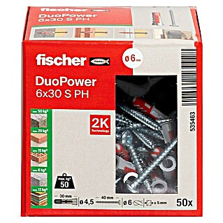 Fischer Duopower Škatla za zidne vložke in vijake (Premer zidnega vložka: 6 mm, Dolžina zidnega vložka: 30 mm, Vijak s polkrožno glavo, 50 kos)