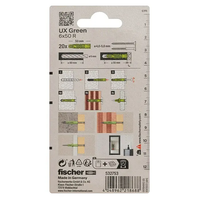 Fischer Greenline Universaldübel UX GREEN R - Ø x L: 6 x 50 mm, 20 Stk., Nylon - Verpackungsaufdruck für UX Green 6x50 R Dübel mit Anweisungen, Größenangaben und Herstellerinformationen.