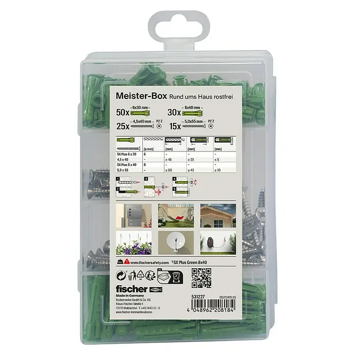 Fischer Greenline Dübel- & Schraubenbox Meister-Box SX Green - 120 -tlg., Mit Schrauben, Material Dübel: Nylon, Material Schraube: Edelstahl - Meister-Box mit Dübeln und Schrauben für verschiedene Anwendungen im und ums Haus, inklusive Größenangaben und Montageanleitung.