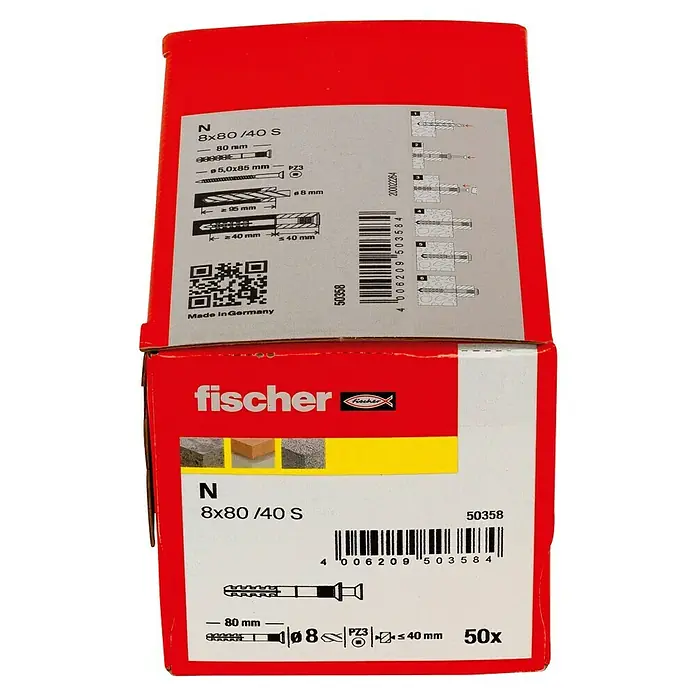 Fischer Nageldübel - Durchmesser Dübel: 8 mm, Länge Dübel: 80 mm, 50 Stk. - Bild einer roten Fischer-Box mit der Bezeichnung N 8x80/40 S, die Dübel und Schrauben enthält.