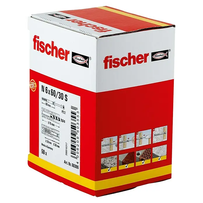 Fischer Nageldübel - Durchmesser Dübel: 6 mm, Länge Dübel: 60 mm, 50 Stk. - Eine Packung Fischer N 6x60/30 S Nylondübel, ideal für sichere Befestigungen in verschiedenen Baumaterialien, mit detaillierten Anwendungsanweisungen.