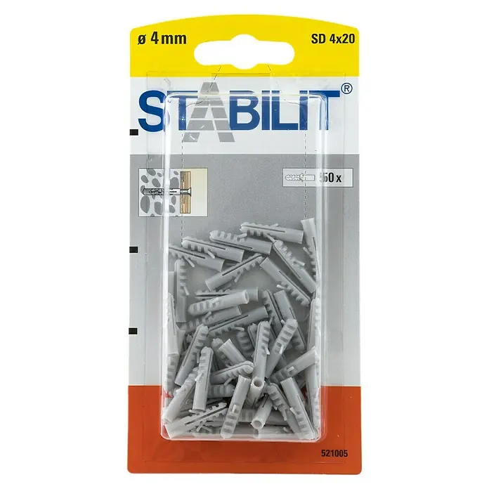 Stabilit Spreizdübel - Durchmesser Dübel: 4 mm, Länge Dübel: 20 mm, 50 Stk. - Ein Paket Stabilit-Dübel SD 4x20, 4mm Durchmesser, mit 50 Stück in einer orange-gelb-grauen Verpackung.