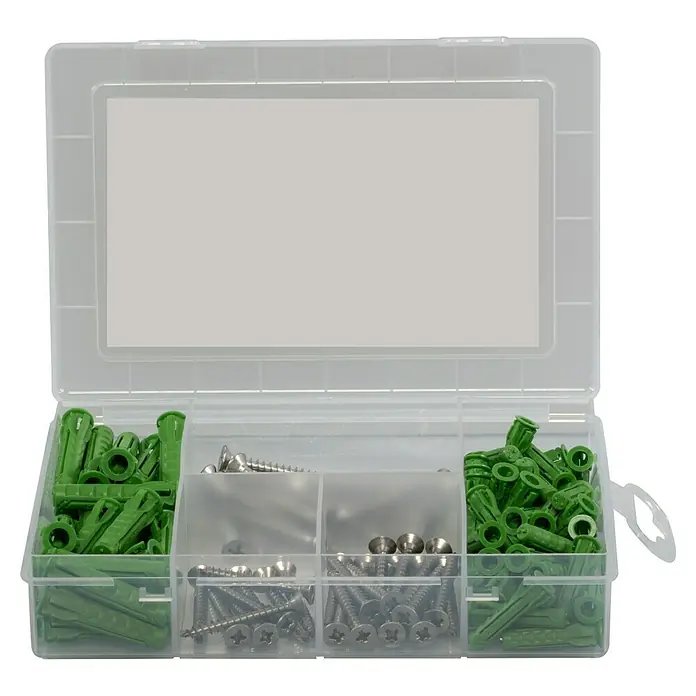 Fischer Greenline Dübel- & Schraubenbox Meister-Box SX Green - 120 -tlg., Mit Schrauben, Material Dübel: Nylon, Material Schraube: Edelstahl - Dose mit Sortiment an Schrauben und Dübeln, ideal für Heimwerker und Profis zur sicheren Befestigung.