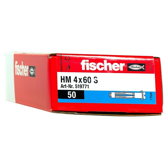 Fischer Metall-Hohlraumdübel HM 4 x 60 S (Ø x L: 4 x 60 mm, Bohrtiefe: Min. 65 mm, 50 Stk.)