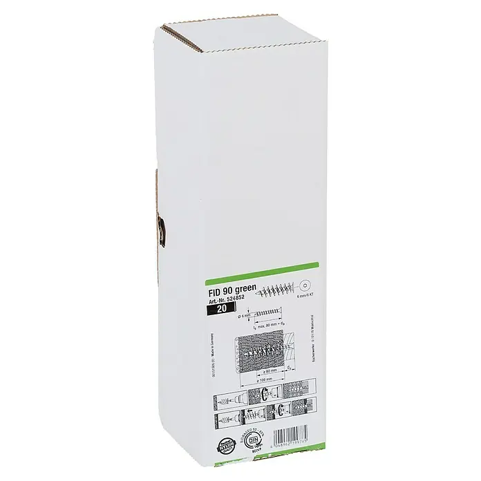Fischer Greenline Dämmstoffdübel FID 90 GREEN - Ø x L: 25 x 90 mm, Nylon, Gesamtstückzahl: 20 Stk. - FID 90 Green Dübelbox mit 20 Stück, Artikelnummer 524852. Verpackung mit technischen Daten und Anweisungen.