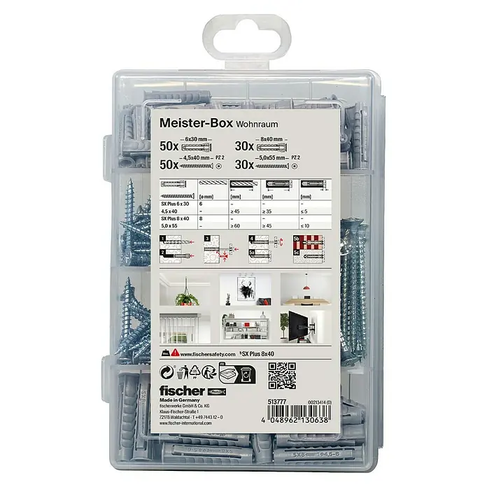 Fischer Meister-Box Spreizdübel-Set SX - Nylon, Mit Schrauben/Haken, 160 -tlg. - Meister-Box Wohnraum von Fischer mit Dübeln und Schrauben in verschiedenen Größen für Befestigungen im Innenbereich.