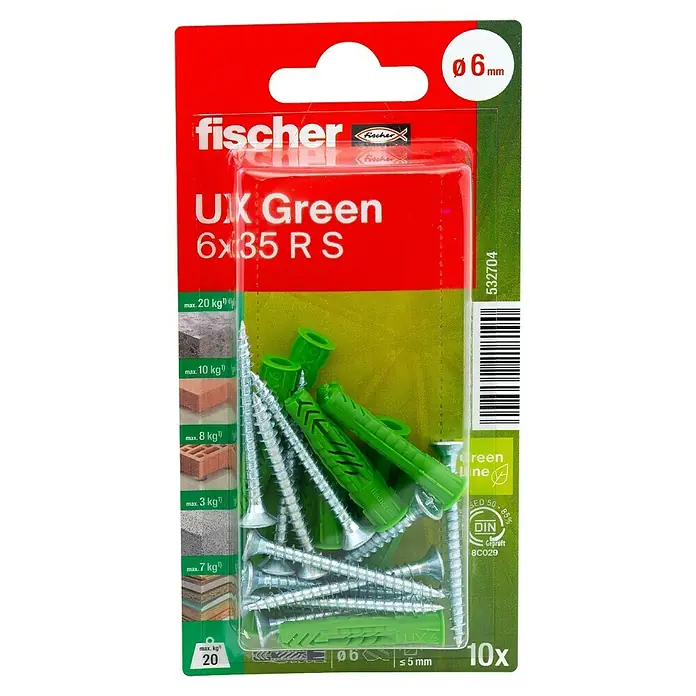 Fischer Greenline Universaldübel UX Green R S - Ø x L: 6 x 35 mm, 10 Stk., Nylon - Bild einer Packung Fischer UX Green Dübel und Schrauben, Größe 6x35 RS, geeignet für verschiedene Materialien mit unterschiedlichen maximalen Lasten.