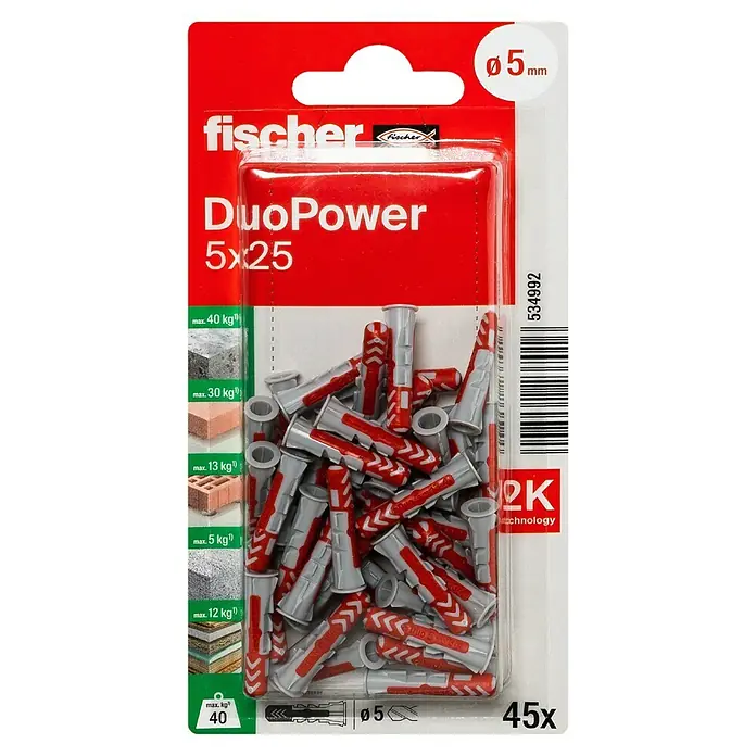 Fischer Duopower Universaldübel 2 K - Ø x L: 5 x 25 mm, Nylon, 45 Stk. - Packung Fischer DuoPower 5x25 Dübel, geeignet für verschiedene Materialien mit maximaler Belastung bis zu 40 kg, 45 Stück.