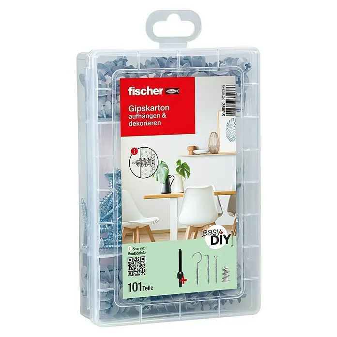 Fischer Meister-Box Gipskartondübel-Set GK - Nylon, Mit Schrauben/Haken, 101 -tlg. - Eine transparente Kunststoffbox mit Fischer Gipskarton Dübeln zum Aufhängen und Dekorieren von Gipskartonplatten, ideal für Heimwerker.