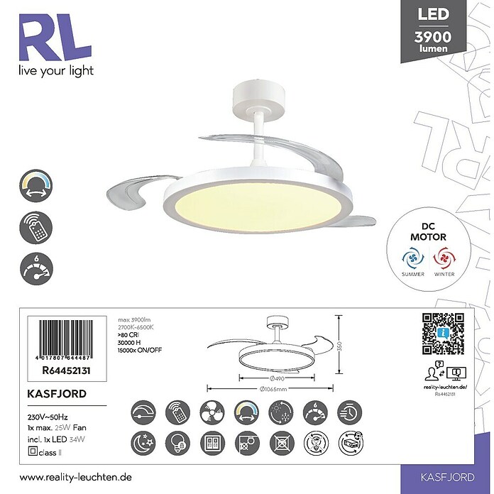 Trio Lighting Ventilador de techo Kasfjord (Blanco, 106,5 cm, 34 W, Blanco cálido) | BAUHAUS