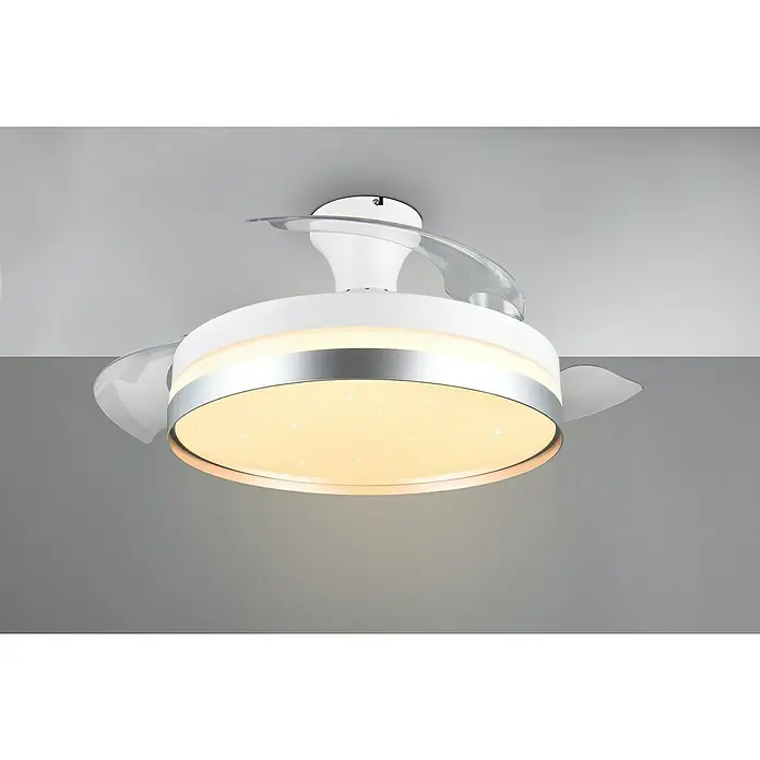 Trio Lighting Ventilador de techo Lindberg - Blanco, 100 cm, 35 W, Blanco cálido - Ventilador de techo moderno con iluminación LED y un diseño de estrellas. El ventilador es blanco con detalles plateados y aspas transparentes.