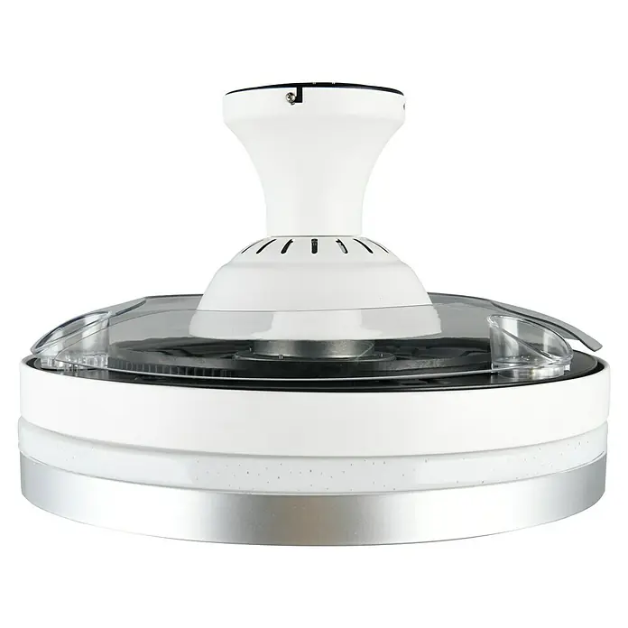 Trio Lighting Ventilador de techo Lindberg - Blanco, 100 cm, 35 W, Blanco cálido - Primer plano de una lámpara de techo LED blanca con una pantalla transparente, mostrando un diseño moderno.