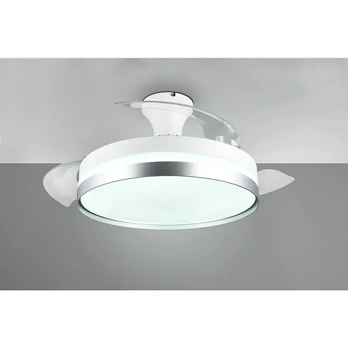 Trio Lighting Ventilador de techo Lindberg - Blanco, 100 cm, 35 W, Blanco cálido - Primer plano de un ventilador de techo moderno y blanco con iluminación integrada y aspas transparentes sobre un fondo claro.