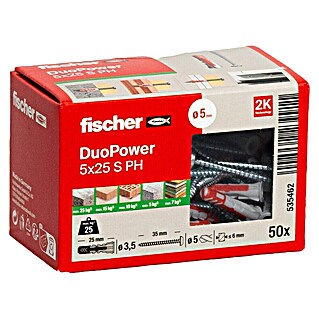 Fischer Duopower Doos pluggen en schroeven Duopower (Diameter plug: 5 mm, Pluglengte: 25 mm, Panhead-schroef, 50 st.)