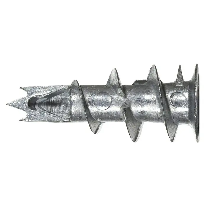 Fischer Schrauben- & Dübel-Set Hält-Alles-Box - 240 Stk. - Nahaufnahme eines selbstbohrenden Trockenbaudübel aus Metall, der für sicheren Halt in Wänden sorgt. Ideal für leichte bis mittelschwere Anwendungen.