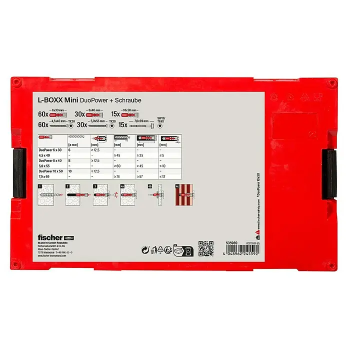 Fischer Duopower Universaldübel-Set Fixtainer mit Schrauben - 210 -tlg. - Abbildung einer roten L-Boxx Mini DuoPower mit Schrauben und Anweisungen zur korrekten Verwendung der Dübel und Schrauben.