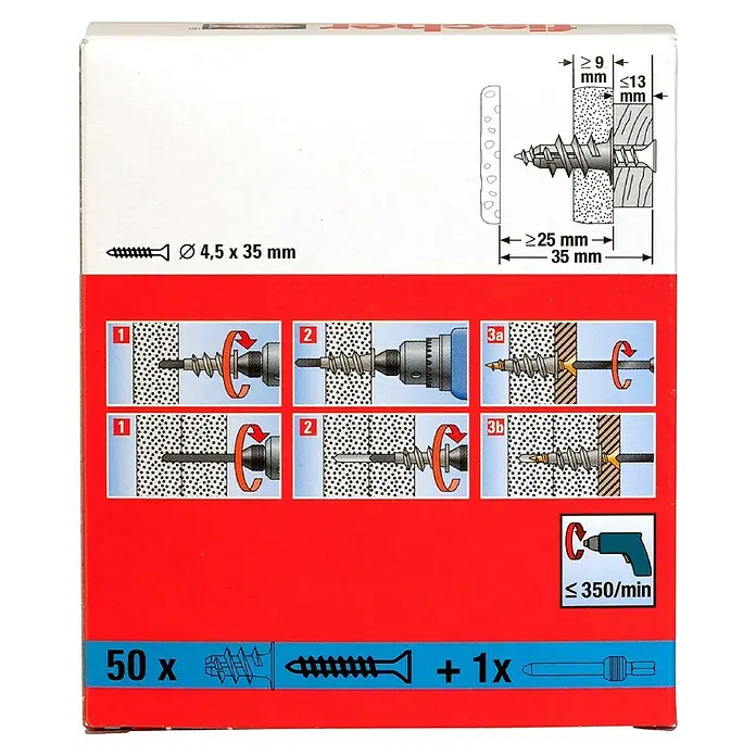 Fischer Gipskartondübel - Länge Dübel: 22 mm, Mit Schrauben, Mit Rand, 50 Stk. - Verpackung mit fischer Dübel UX und Schrauben mit Montageanleitung und Größenangaben.