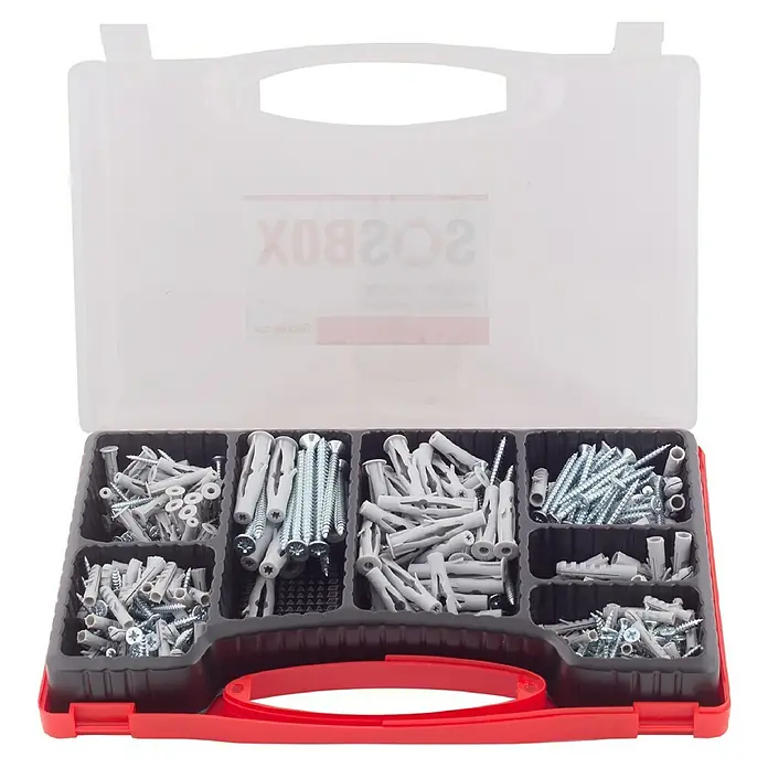 Fischer Schrauben- & Dübel-Set SOSBox S + FU + Schrauben - 360 -tlg. - Geöffnete rote Sortimentsbox gefüllt mit Schrauben und Dübeln. Perfekt für Heimwerkerarbeiten und zur Aufbewahrung von Kleinteilen in Werkstatt oder Garage.