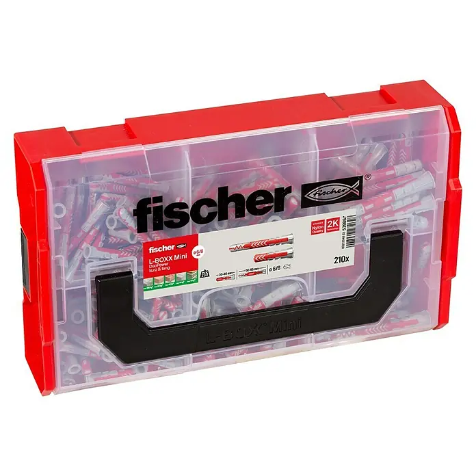 Fischer Duopower Universaldübel-Set Fixtainer - Tiefenbiss-Box - 210 -tlg. - Dose mit Fischer L-Boxx Mini Dübeln. Die Box beinhaltet 210 Universaldübel für sichere Befestigungen in vielen Baumaterialien.