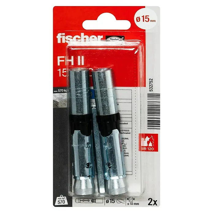 Fischer Einschlaganker FH II-I - Durchmesser: 15 mm, 2 Stk., Galvanisch verzinkt - Nahaufnahme einer Fischer FH II 15 Dübelpackung, die zwei Bolzenanker, Größenangaben und technische Details auf rotem Hintergrund zeigt.