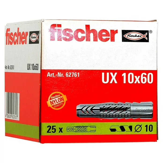 Fischer Universal-Durchsteckdübel UX - Durchmesser Dübel: 10 mm, Länge Dübel: 60 mm, Ohne Rand, 25 Stk. - Eine Packung Fischer UX 10x60 Universaldübel aus Nylon, ideal für Befestigungen in verschiedenen Baumaterialien und Oberflächen.