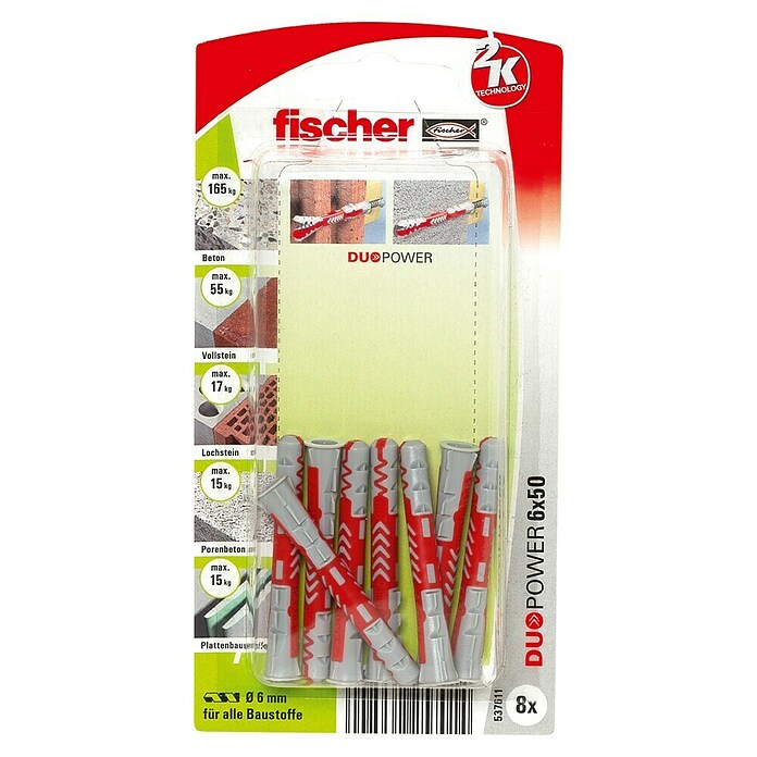 Fischer Universaldübel (Durchmesser Dübel: 6 mm, Länge Dübel: 50 mm, 8 Stk., Mit Rand, Alle Baustoffe)