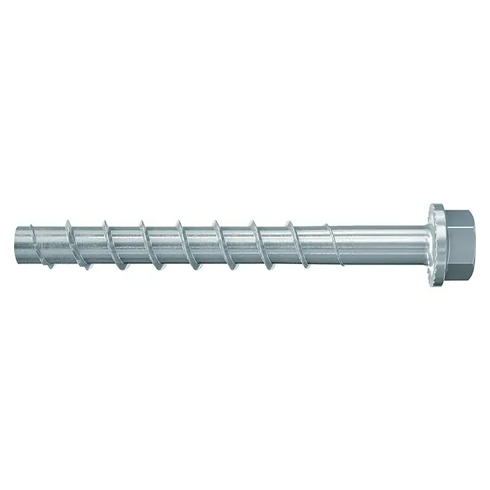 Fischer Betonschrauben Ultracut FBS II - Ø x L: 10 x 90 mm, Sechskantkopf, 1 Stk. - Nahaufnahme einer verzinkten Stockschraube mit einem Sechskantkopf, die sich ideal für Holzkonstruktionen eignet. Ihre Bauweise sorgt für Haltbarkeit.