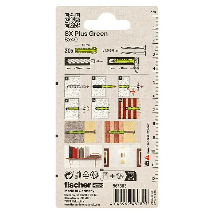 Fischer Spreizdübel SX Green K - Ø x L: 8 x 40 mm, Nylon, Mit Rand, 20 Stk. - Bild einer Verpackung von Fischer SX Plus Green 8x40 Dübeln, die Produktdetails und Anwendungsanleitungen zeigt.