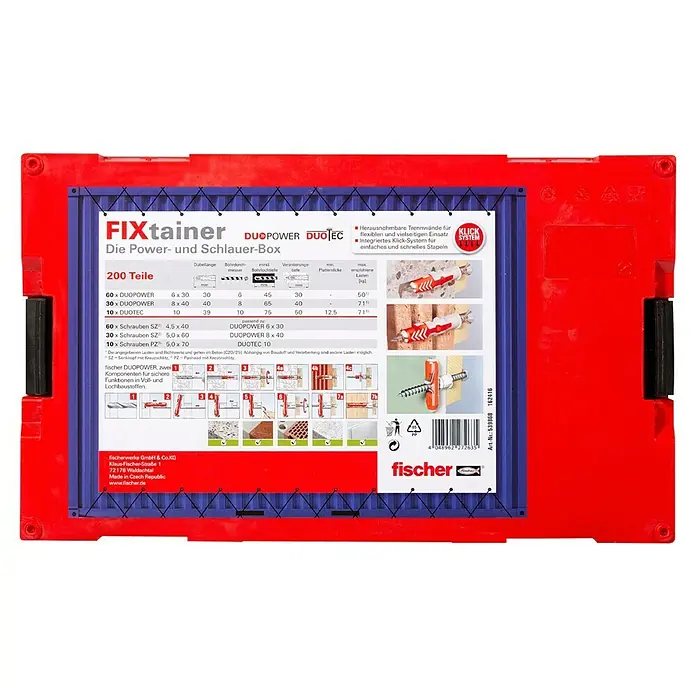 Fischer Schrauben- & Dübel-Set - 200 Stk. - Produktabbildung des FIXtainer DUOPOWER DUOTEC von Fischer, einer praktischen Box mit Dübeln und Schrauben für vielfältige Anwendungen.